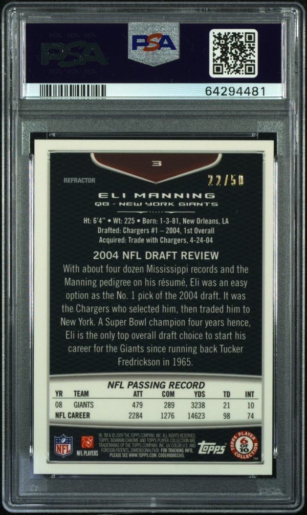 2009 Bowman Chrome Gold Refractor Eli Manning #3 /50 PSA 10 Gem Mint - Image 2