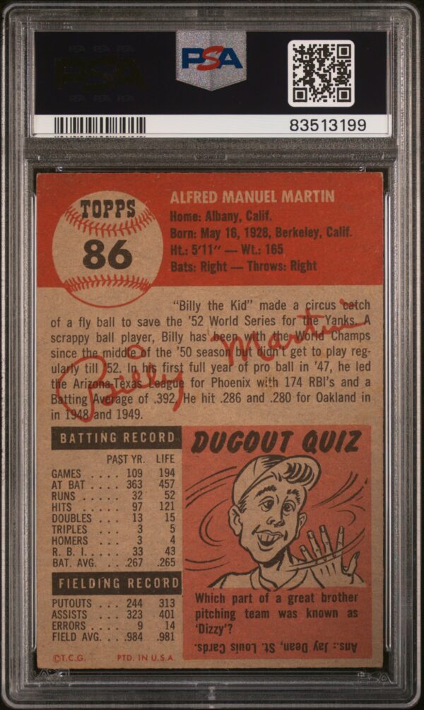 1953 TOPPS #86 BILLY MARTIN PSA 4 - Image 2