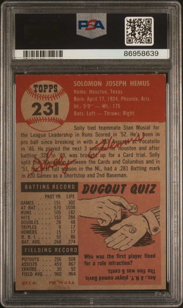 1953 TOPPS #231 SOLLY HEMUS PSA 4 - Image 2