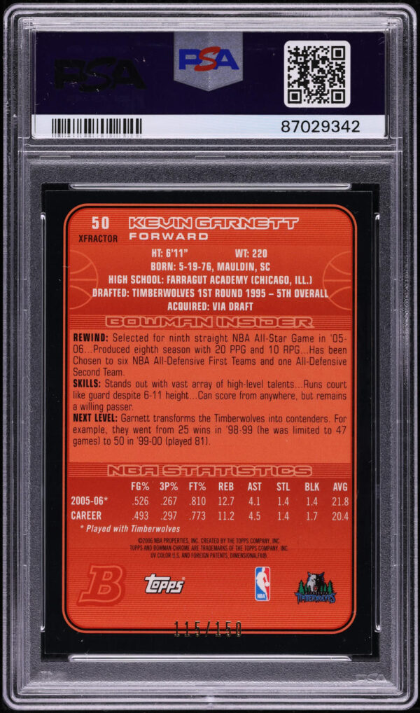 2006 Bowman Chrome Xfractor Kevin Garnett /150 #50 PSA 10 GEM MINT - Image 2