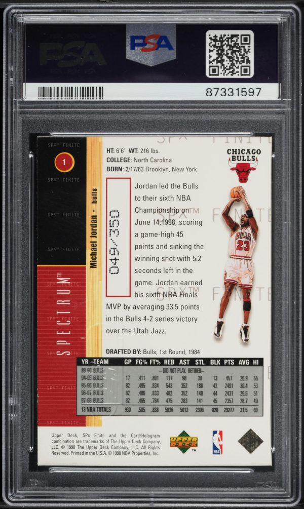 1998 SPx Finite Spectrum Michael Jordan /350 #1 PSA 9 MINT - Image 2