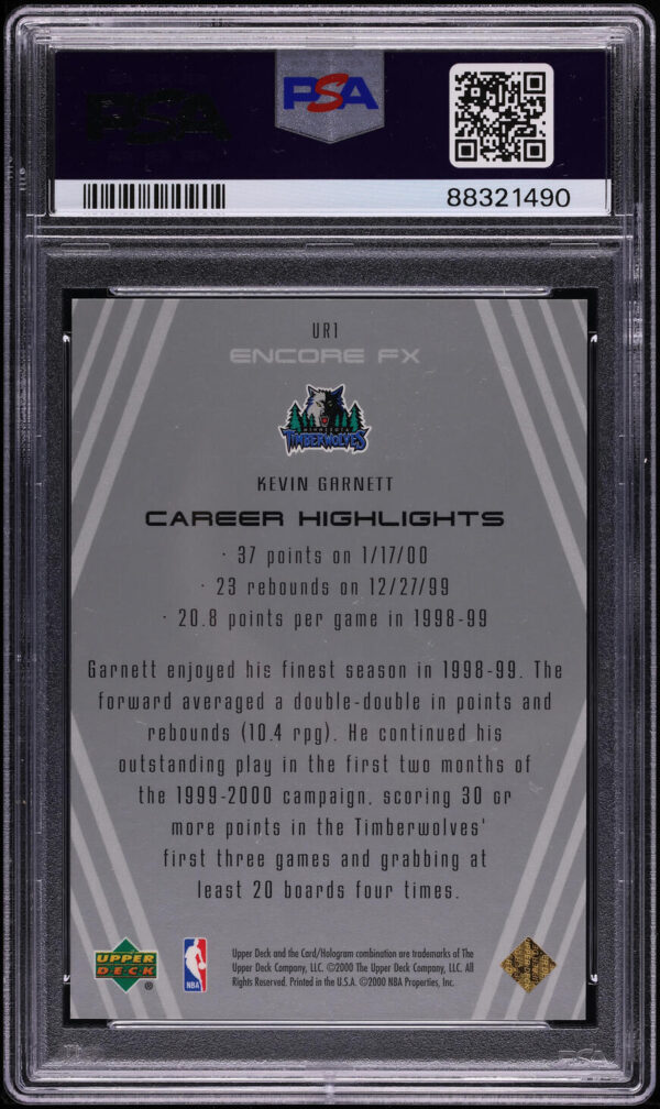 1999 Upper Deck Encore Upper Realm FX Kevin Garnett /150 #UR1 PSA 10 GEM MINT - Image 2