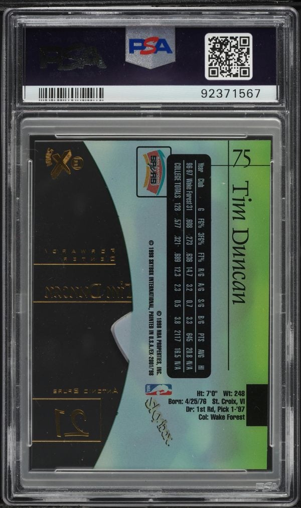 1997 Skybox E-X2001 Tim Duncan #75 PSA 9 MINT - Image 2