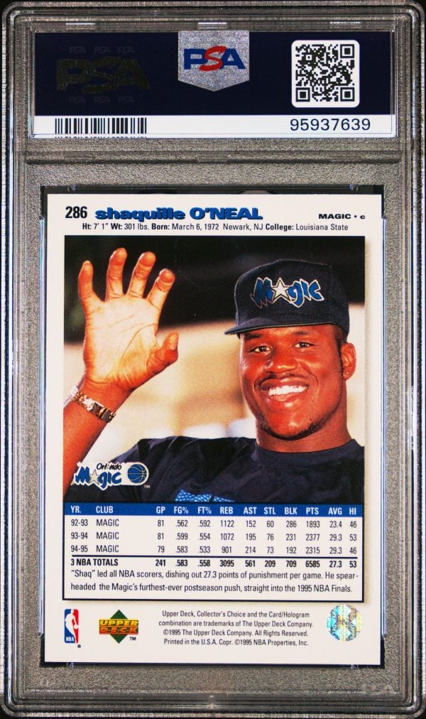 1995 COLLECTOR'S CHOICE SHAQUILLE O'NEAL PLAYER'S CLUB PLATINUM #286 PSA 9 MINT - Image 2