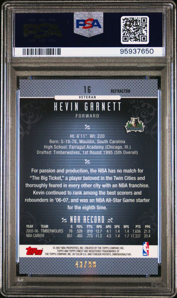 2006 FINEST KEVIN GARNETT BLACK REFRACTOR /99 #16 PSA 9 Mint - Image 2