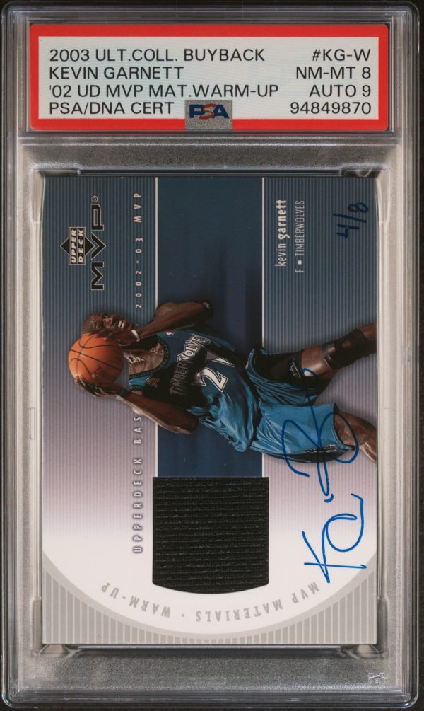 2003 Ultimate Collection Buyback Kevin Garnett ('02 UD MVP Materials Warm-Up) /8 #KG-W PSA 8 Auto 9