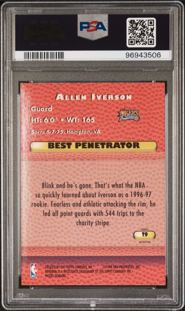 1997 Bowman's Best Techniques Atomic Refractor Allen Iverson #T9 PSA 10 Gem Mint - Image 2