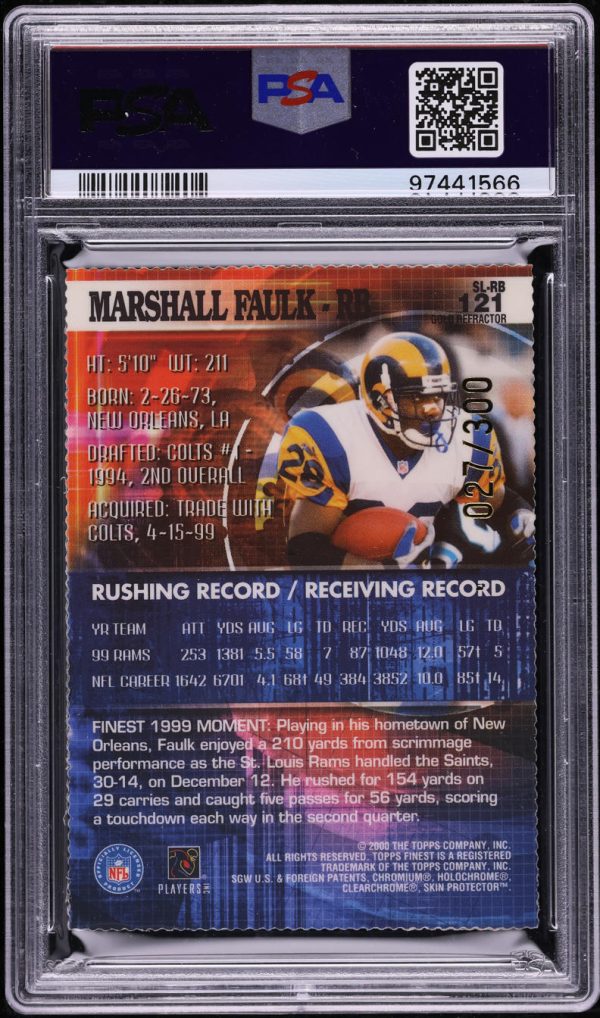 2000 Finest Gold Refractor Marshall Faulk /300 #121 PSA 10 GEM MINT - Image 2