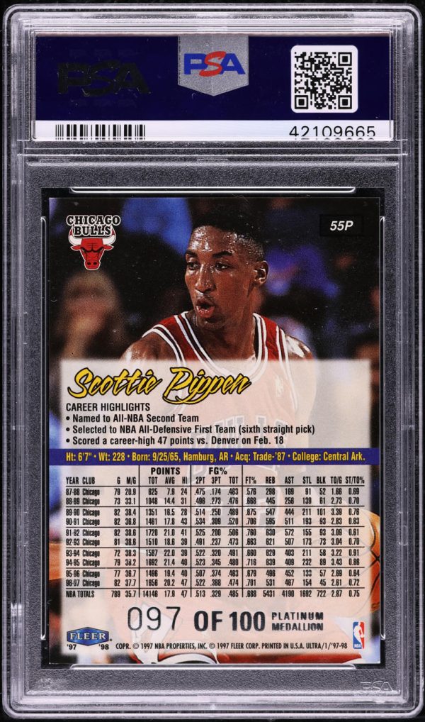 1997 Ultra Platinum Medallion Scottie Pippen /100 #55P PSA 9 MINT - Image 2