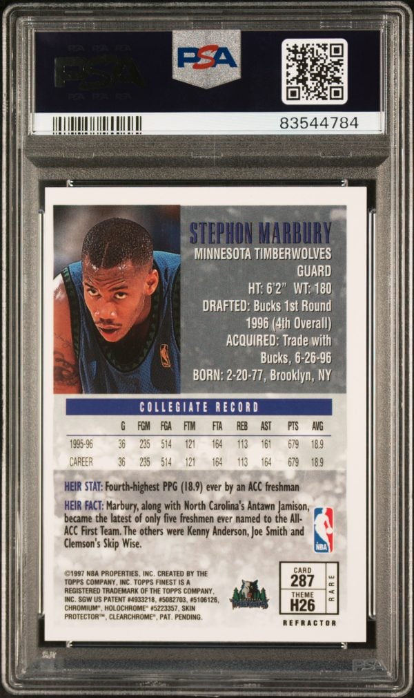 1996 Finest Refractor Stephon Marbury #287 PSA 9 Mint - Image 2