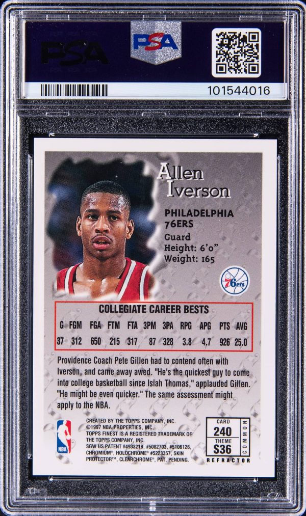 1996 Topps Finest Refractor Allen Iverson with Coating #250 PSA 9 Mint - Image 2