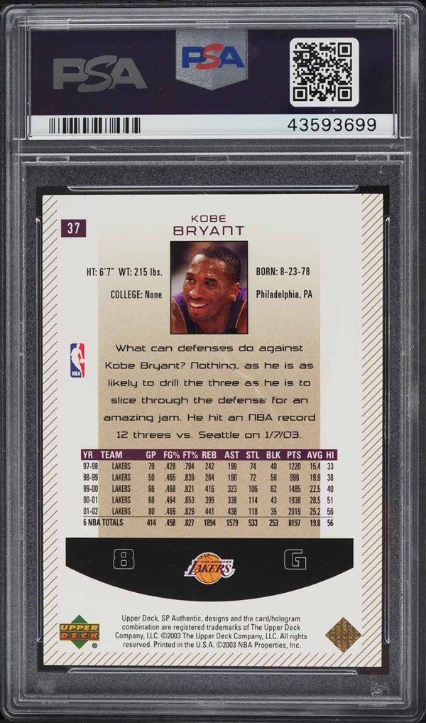 2002 SP Authentic Limited Kobe Bryant /100 #37 PSA 10 GEM MINT - Image 2
