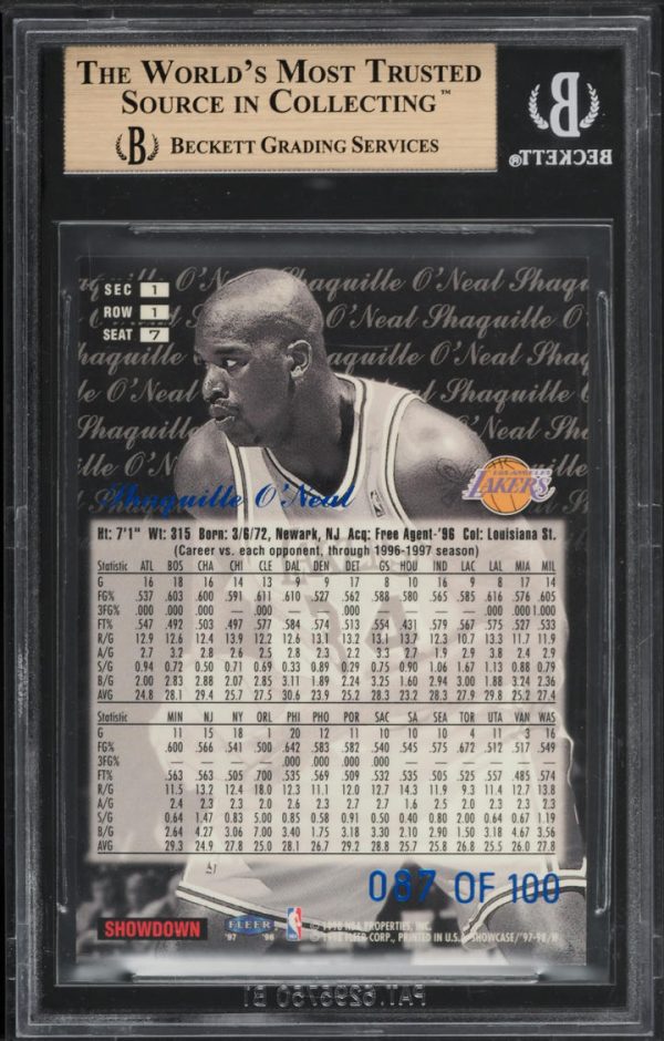 1997 Flair Showcase Legacy Collection Row 1 /100 Shaquille O'Neal #7 BGS 9.5 Gem Mint - Image 2