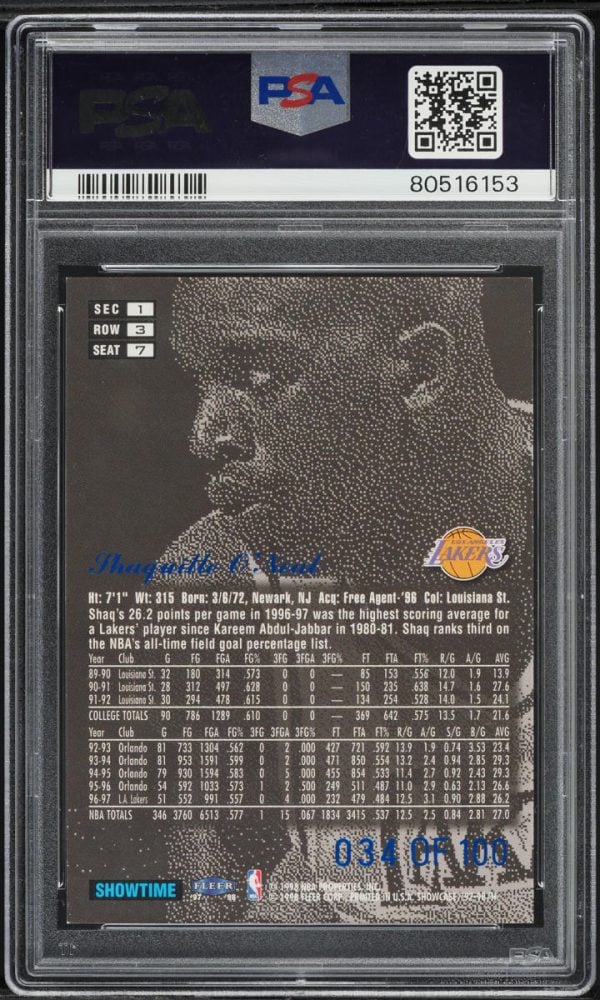 1997 Flair Showcase Legacy Collection Row 3 Shaquille O'Neal Jersey #34/100 #7 PSA 8 - Image 2
