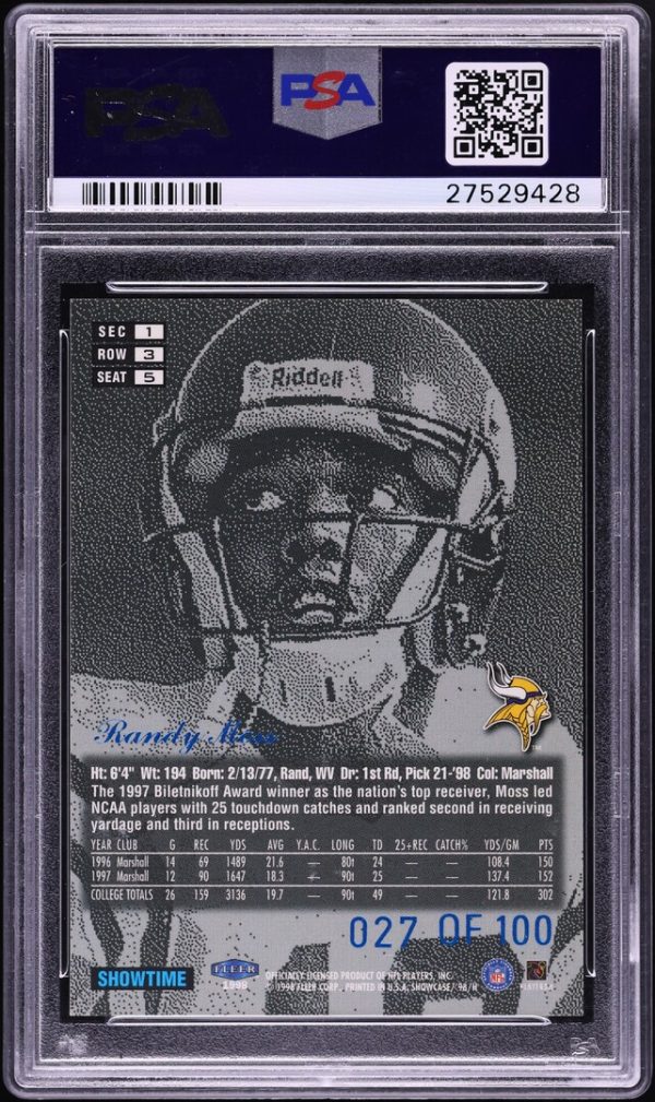 1998 Flair Showcase Legacy Collection Row 3 Randy Moss ROOKIE /100 #5 PSA 10 GEM - Image 2