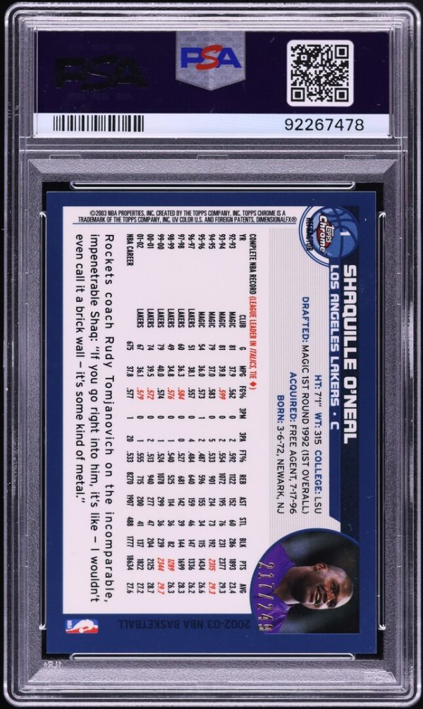 2002 Topps Chrome White Refractor Shaquille O'Neal /249 #1 PSA 10 GEM MINT - Image 2